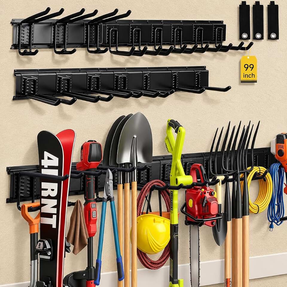 99" Garage Tool Organizer Wall Mount with 16 Hooks, for Garage, Yard,Garden | Heavy Duty 1070lbs Garage Storage Rack – Tool Hangers &amp; Shovel Holder for Rakes, Brooms, Mowers &amp; Snowboards, with 3 Straps