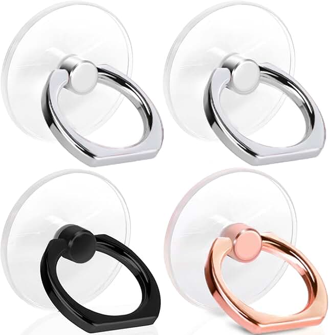 4 Pack Jsoerpay Cell Phone Ring Holder, 2Silver+1Black+1Rose Gold | Transparent, 360° Rotation Adhesive, Finger Ring Stand, Clear Kickstand, Compatible with Most Phones, Tablet and Case