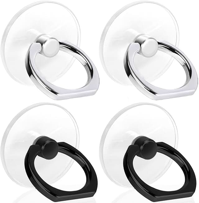 4 Pack Jsoerpay Cell Phone Ring Holder, 2 Silver+2 Black | Transparent, 360° Rotation Adhesive, Finger Ring Stand, Clear Kickstand, Compatible with Most Phones, Tablet and Case