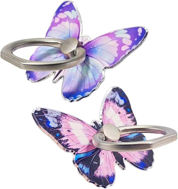 2 Pcs Butterfly Cell Phone Ring Stand Holder, Cute Butterfly Design Finger 360° Rotating Metal Hand Phone Stand Holder, with Adjustable Knob Loop (Purple, Blue)