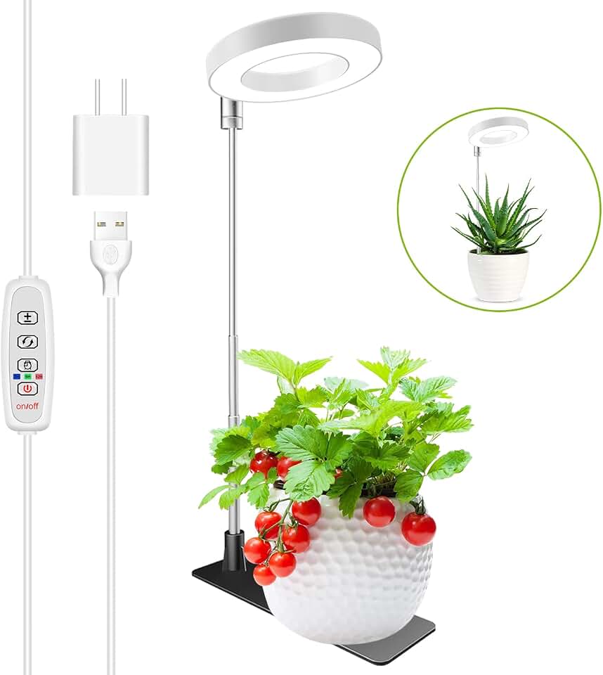 Kullsinss 3.5in Small Grow Lights for Indoor Plants, 48 LEDs Full Spectrum | White Plant Light with Base, 3/9/12H Timer &amp; Dimmable, 26in Height Adjustable, 5V Low-Heat Grow Lamp for Small Potted Plants