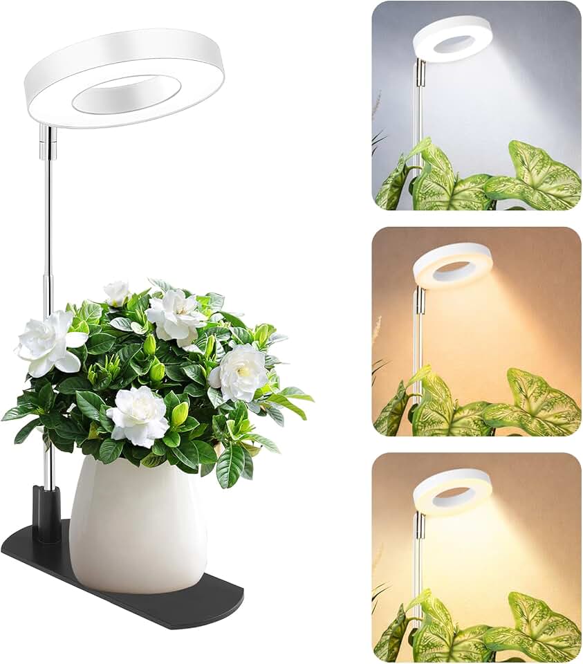 LBW Grow Lights for Indoor Plants, Full Spectrum Halo Grow Light with Base | 48 LEDs Grow Lamp for Small Plants, Base/Soil Stake, 7.8-26in Adjustable, 6/8/12/16H Timer, 3 Color Mode, 5 Brightness, White