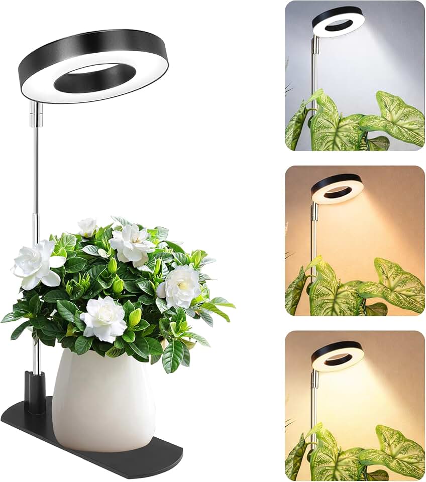 LBW Grow Lights for Indoor Plants, Full Spectrum Halo Grow Light with Base | 48 LEDs Grow Lamp for Small Plants, Base/Soil Stake, 7.8-26" Adjustable, 6/8/12/16H Timer, 3 Color Mode, 5 Brightness, 5 pack
