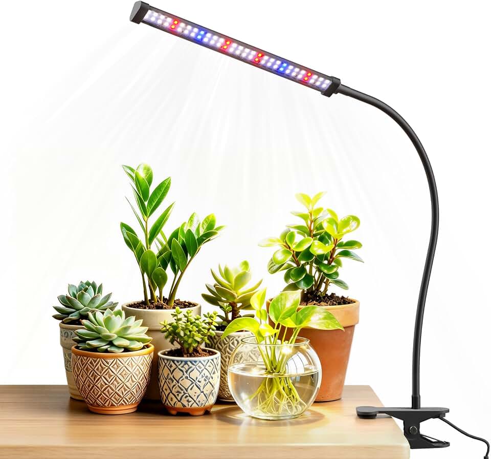 Grow Lights for Indoor Plants, Clip-On LED Clamp, Single Head | Flexible Metal Arm with Silicone Sleeve, 5700K Full Spectrum, CRI 85+, 4/8/12/18H Daily Timer, 5 Brightness Levels