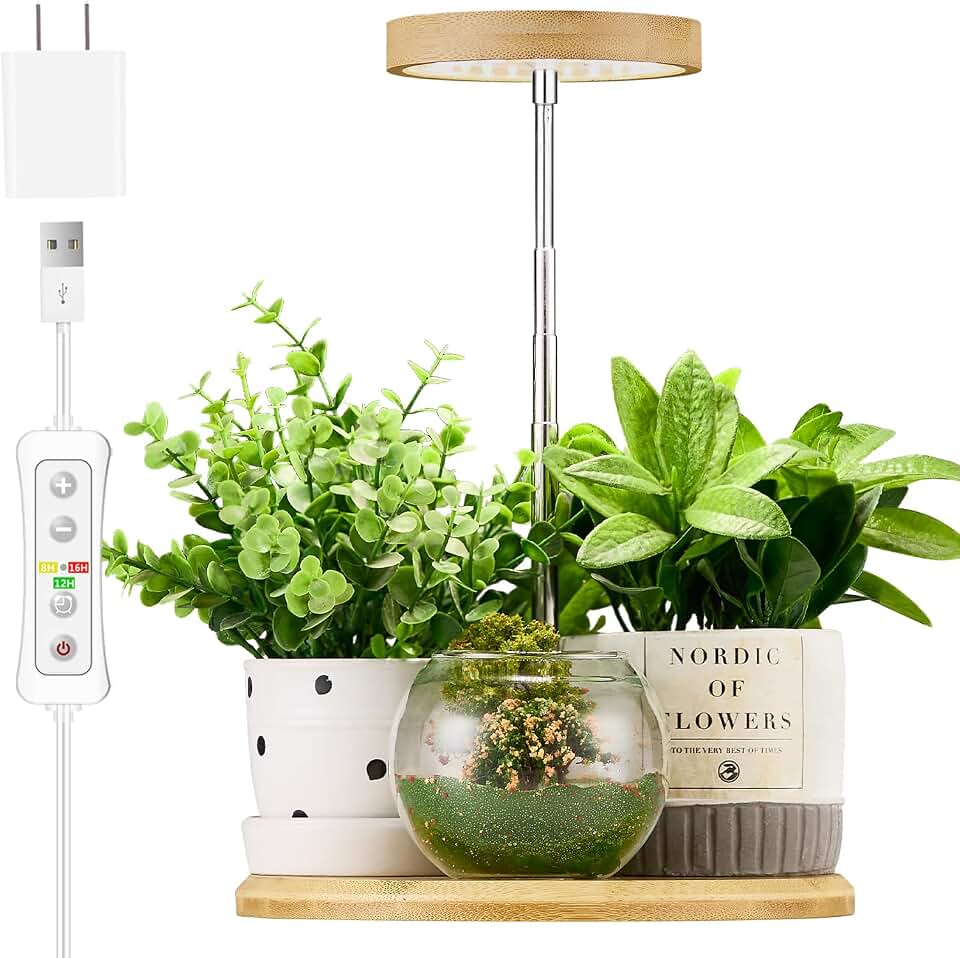yadoker Plant Grow Light for Indoor Plant,Bamboo Mini LED Grow Light Garden,Height Adjustable,Automatic Timer with 8/12/16 Hours