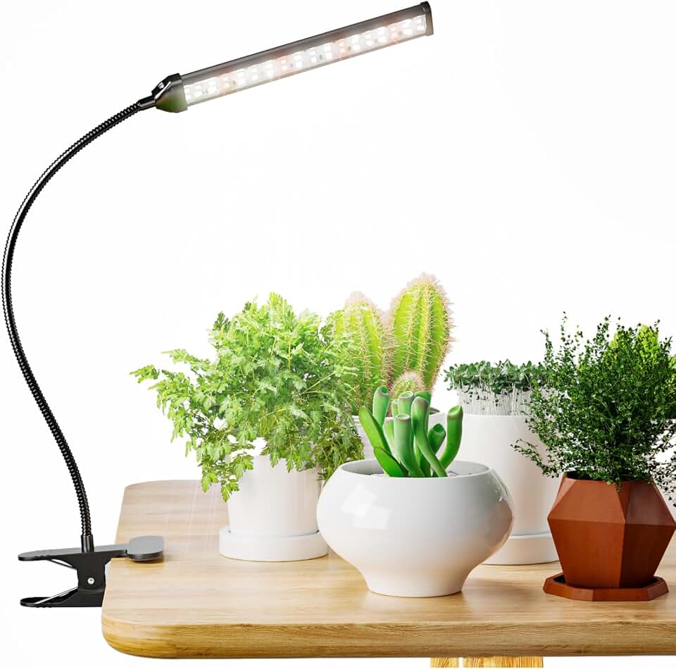 GooingTop Grow Light for Indoor Plants Growing, 6000K Full Spectrum | Desk Lamp with Red Blue LED for Plants Growth, Strong Clamp with Gooseneck , Dimmable with Auto Timer