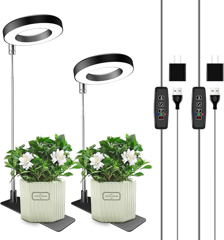 Aokrean Grow Lights for Indoor Plants, Full Spectrum Plant Light with Base | 48 LEDs Halo Growing Lamp for Small Plants, Base/Soil Insert, 6.5-26in Adjustable, 3 Spectra, 3/9/12 Timer, Dimmable, 2 Pack