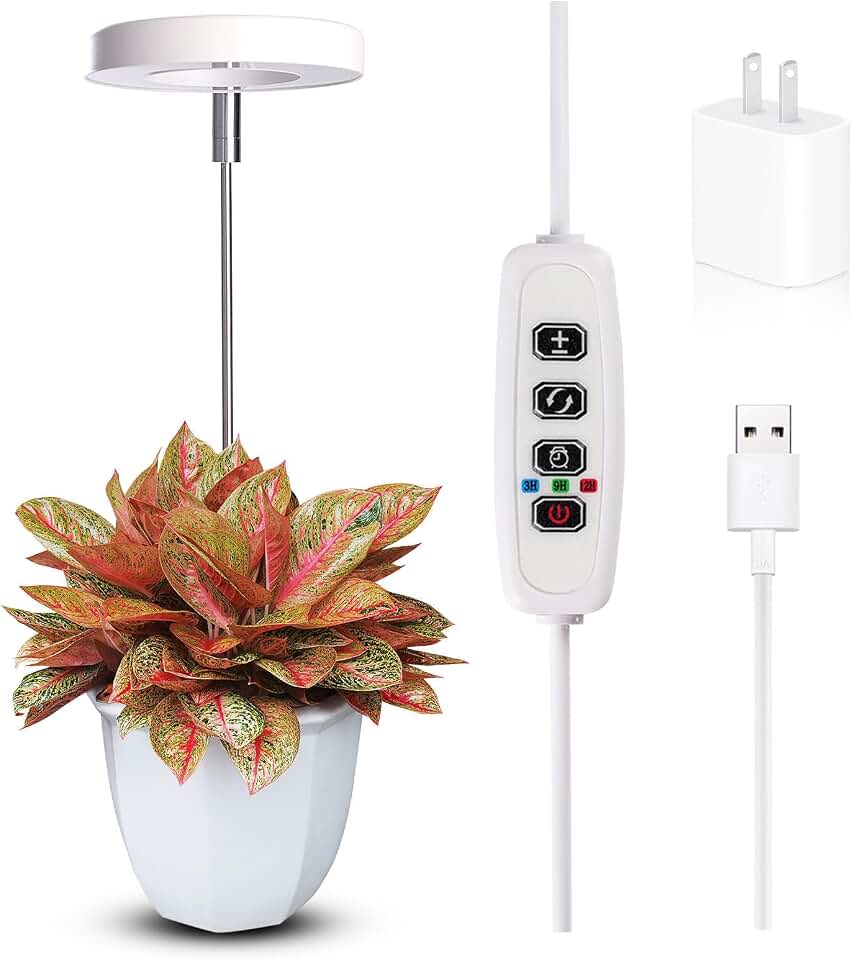 Grow Lights for Indoor Plants Small Potted - Full Spectrum, Auto 3/9/12H Timer, 10-Level Dimming &amp; Adjustable Height - Compact Grow Light for Succulents, Herbs, Foliage in Home/Office (White,1PACK)