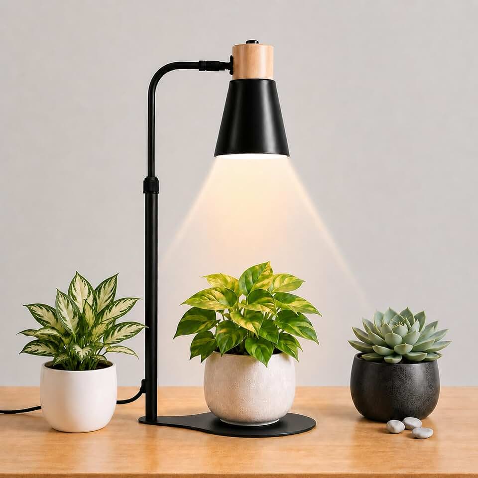 Desktop Grow Light with Timer for Indoor Plants, Wood Accent Lamp | Height Adjustable &amp; 90° Lamp Head, 4/8/12H Auto-Cycle Timer, Replaceable E26 7W COB Full Spectrum Bulb for Small Plants