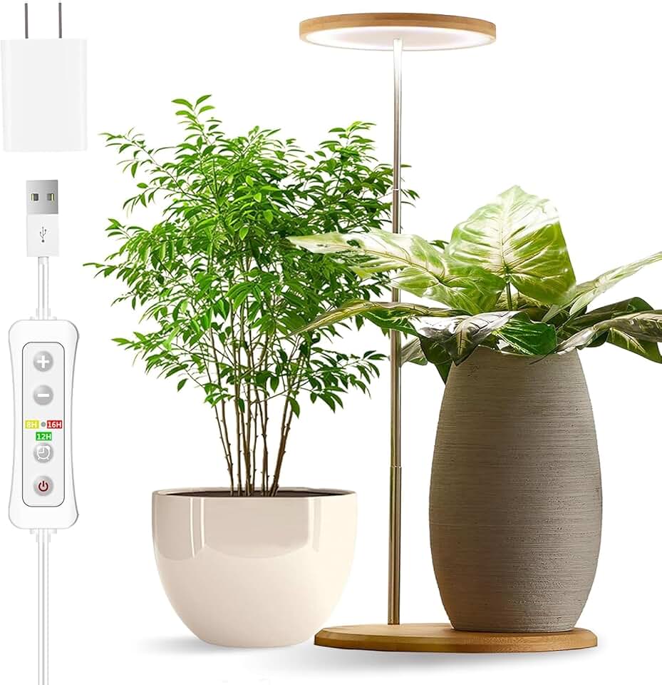 Plant Grow Light for Indoor Plant,yadoker Bamboo Mini LED Grow Light Garden,Height Adjustable,Automatic Timer with 8/12/16 Hours