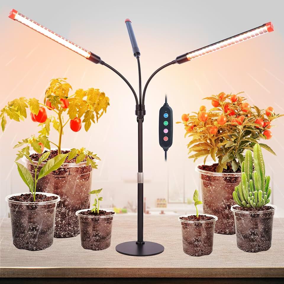 FRGROW 3Head Tabletop Grow Lights for Indoor Plants, Seed Starting, Veg | Bright Desk Plant Growing Lamps, 4/8/12/16/20H Timer, 27 Watt Power Draw, NO Need Adapter, 360° Gooseneck