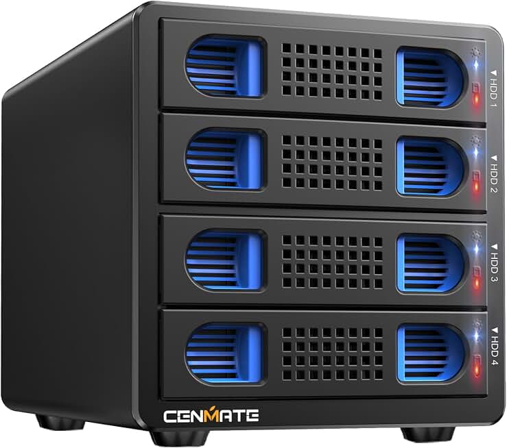 CENMATE Aluminum 4 Bay Hard Drive Enclosure with Cooling Fan for 2.5“/3.5" SATA HDD/SSD with USB A/C 3.0, Support Hot Swappable, Tool-Free HDD Enclosure, DAS(NO RAID/NAS)