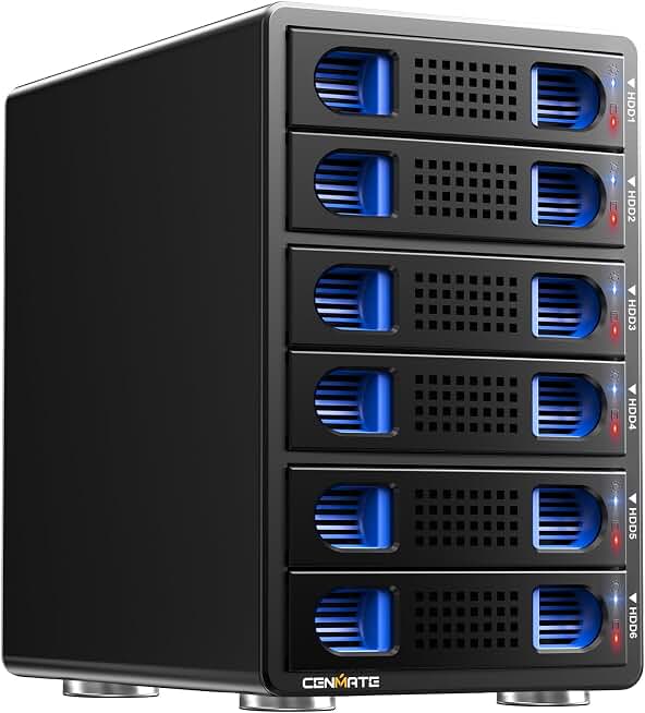CENMATE Aluminum 6 Bay Hard Drive Enclosure with Cooling Fan for 2.5“/3.5" SATA HDD/SSD with USB A/C 3.0, Support Hot Swappable, Tool-Free HDD Enclosure, DAS(NO RAID/NAS)