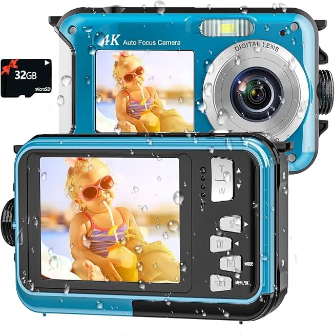 4K Underwater Camera, 16FT Waterproof Camera, 64MP Dual-Screen, Cyan | Autofocus, Floatable Compact Design, 32GB Card, 1250mAh Battery and Type-C Port for Selfies, Snorkeling and Travel
