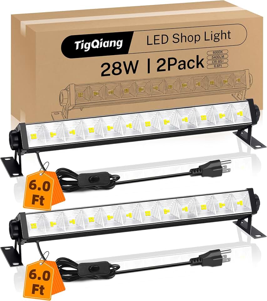 TigQiang 2 Pack 28W LED Shop Light, Plug in Garage Light, LED Work Light | 5400 Lumens, 6.0 Foot Power Cord and Switch, 6000K Daylight White for Workshop, Warehouse, Yard, Workbench, Basement