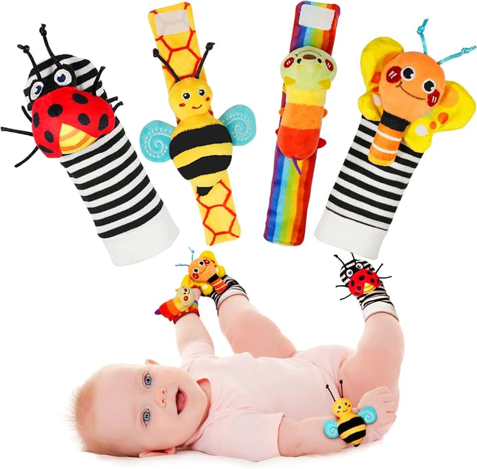 Infinno Wrist Rattles and Foot Finder Socks Set, Infant Toys for 0-12 Months | Soft crinkle textures, encourages reaching and kicking, garden bug characters, newborn shower gift, boys and girls