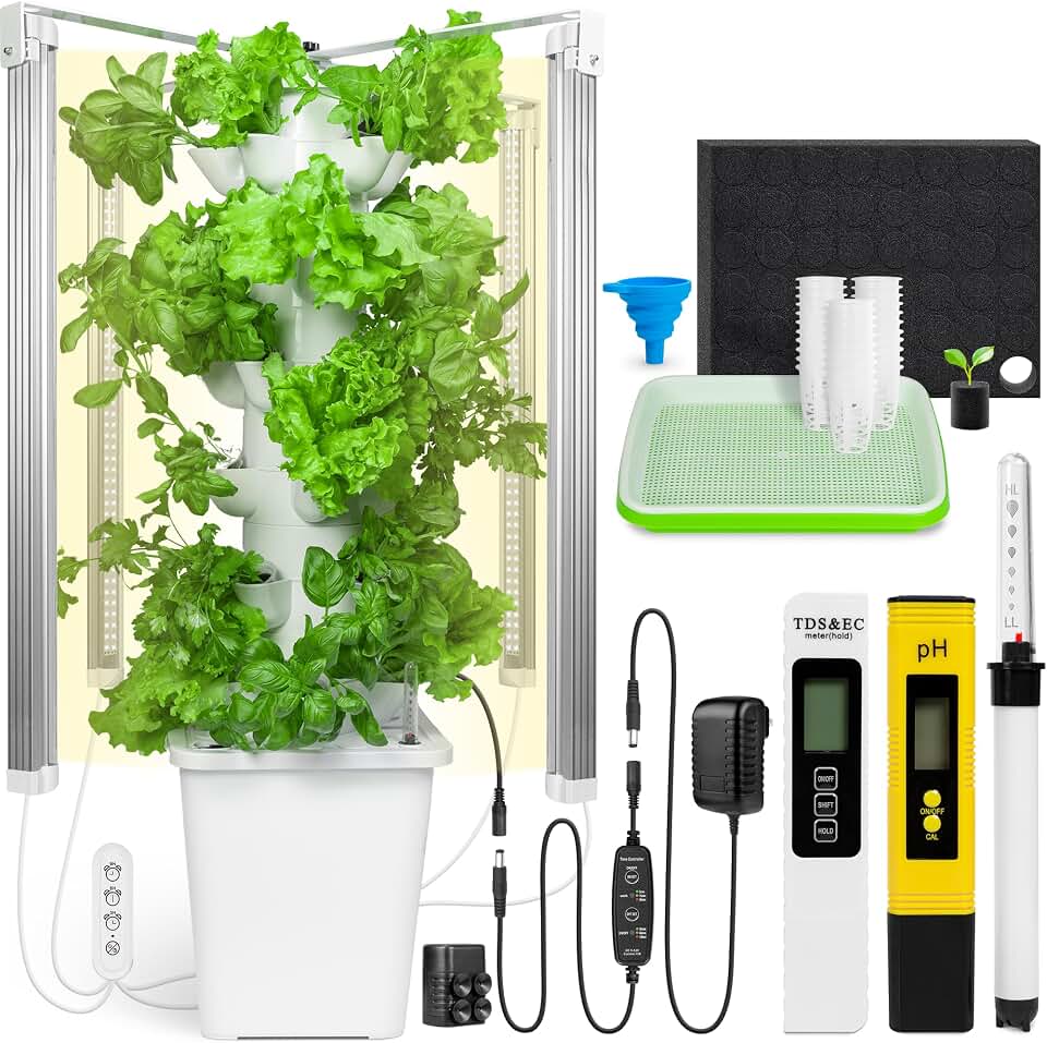 CARPATHEN Hydroponic Tower Growing System, Indoor Gardening for 30 Plants | 6 Hydroponic Columns, Grow Lights, Water Pump, Seedling Kit, 35 Grow Sponges + Net Pots, Water-Level Gauge, pH and TDS Meters