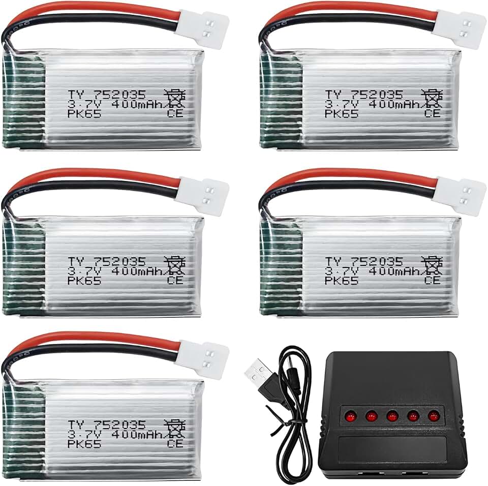 5PCS 3.7V 400mAh High Rate Lithium Battery with 5 in 1 Charger for Hubsan H107C H107L SYMA Q11 X11C HS170C F180C TOZO Q2020 E016H A120 XK A150 H31 TR-P51 TR-F22 AT-96 Four-Axis Aircraft…