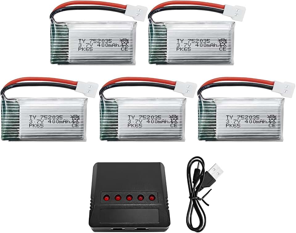 5PCS 3.7V 400mAh Lithium Battery with 5 in 1 Charger for SYMA Q11 H99W H31 H6C H98 AT-96 TR-C385 TR-P51 TR-F22 Quadcopter Spare Parts Aircraft Model Drone Battery (Black)