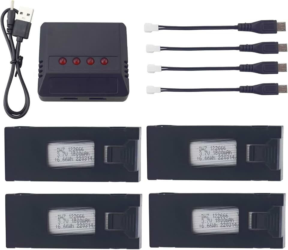 sea jump 4PCS 3.7V 1800mah Lithium Battery with 4in1 Charger for E88 E88PRO E88MAX E525 E99 E99PRO P1 P5PRO K3 S1 P8 RC Four-axis Aircraft Accessories UAV Spare Lithium Battery