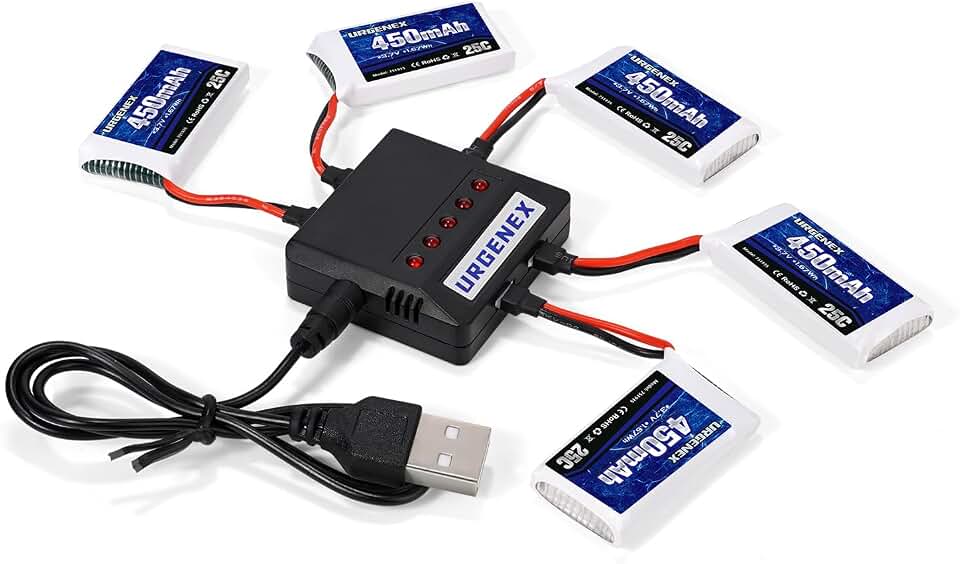5PCS 3.7V 450mAh Drone Battery 25C 1S Lipo Battery with Molex Plug 5in1 Charger for SYMA Q11 AT-96 TR-C385 TR-P51 TR-F22 H99W H31 H6C H98 Holy Stone HS170G HS170 HS170C HS230 Drone Quadcopter