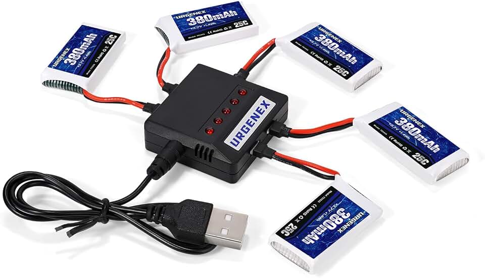 5PCS 3.7V 380mAh Drone Battery 25C 1S Lipo Battery with 5in1 Charger for SYMA Q11 AT-96 TR-C385 TR-P51 TR-F22 H99W H31 H6C H98 Holy Stone HS170G HS170 HS170C HS230 Drone Quadcopter Aircraft