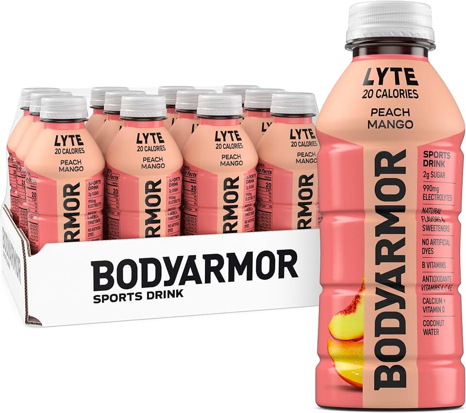 BODYARMOR LYTE Sports Drink, Peach Mango Electrolyte Drink, 16 Oz (12 Pk) | Low-Calorie Hydration Drink with Coconut Water &amp; Only 20 Calories, 990mg Electrolytes, Vitamins B &amp; D + Antioxidants Vitamins