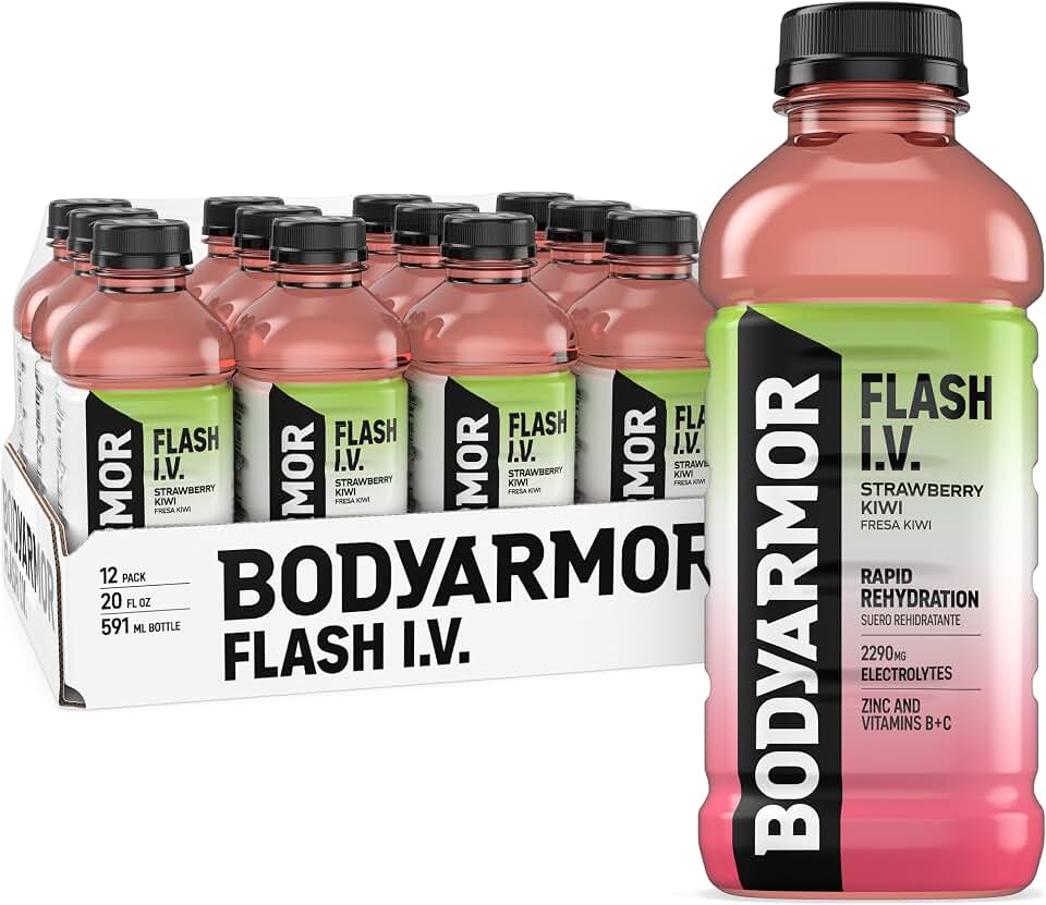 BODYARMOR Flash IV Hydration Drink, Strawberry Kiwi, 20 Oz (12 Pk) | Ready-to-Drink Electrolyte Drink + Coconut Water, Rapid Rehydration, 2,290mg Electrolytes, Zinc &amp; Vitamins B + C