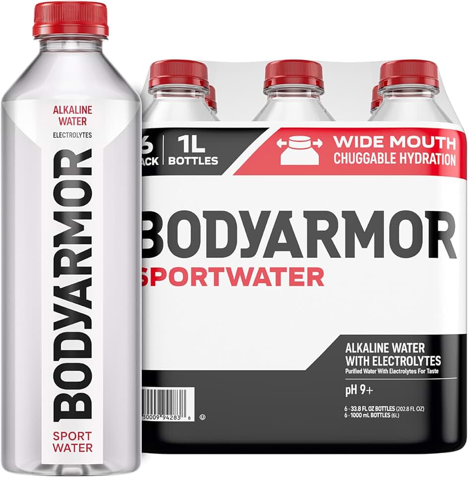 BODYARMOR SportWater, High Alkaline Water Pack + Electrolytes, 1L (6 Pk) | Premium Alkaline Water with Electrolytes, 9+ pH Wide Mouth Chuggable Electrolyte Water Pack, Reverse Osmosis &amp; Zero Calories