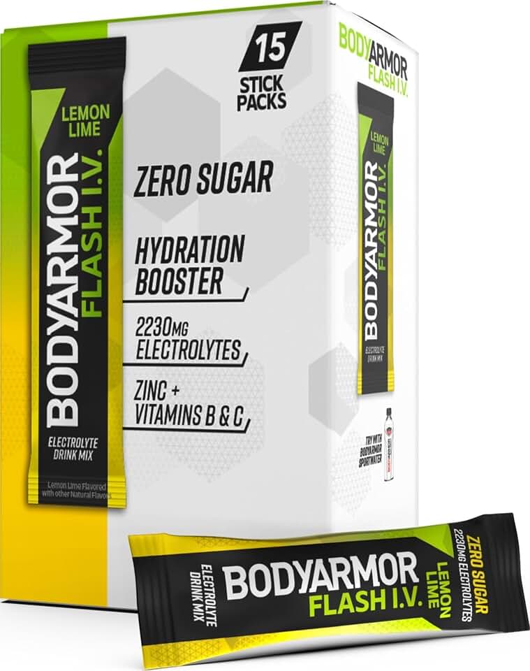 BODYARMOR Flash IV Electrolyte Packets, Lemon Lime - Zero Sugar Drink Mix, Single Serve Packs, Coconut Water Powder (15 Count) | Sugar-free Electrolyte Powder Hydration Packets, Coconut Water Drink Mix Packet, 2,290mg Electrolytes, Zinc &amp; Vitamins B + C