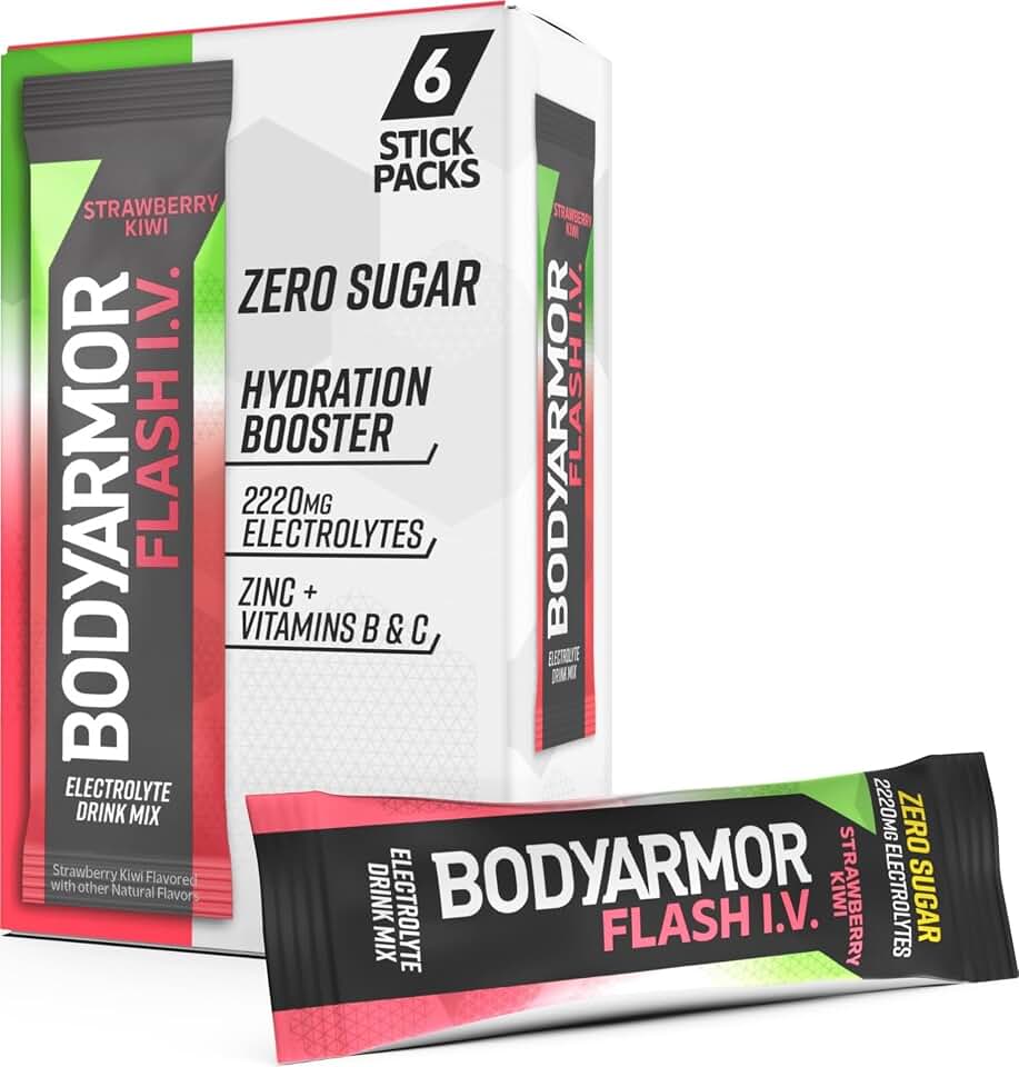 BODYARMOR Flash I.V. Electrolyte Packets, Strawberry Kiwi, Zero Sugar Drink Mix, Single Serve Packs, Coconut Water Powder, Hydration for Workout, Travel Essential, Just Add Sticks to Liquid (6 Count) | Sugar-free Electrolyte Powder Hydration Packets, Coconut Water Drink Mix Packet, 2,290mg Electrolytes, Zinc &amp; Vitamins B + C