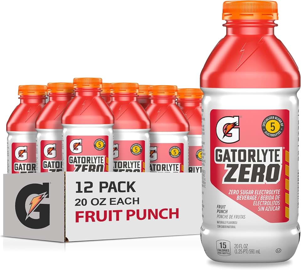 Gatorlyte Zero Sugar Rapid Rehydration Electrolyte Drink, Fruit Punch, 20 fl oz Bottles (12 Pack), Specialized Blend of 5 Electrolytes, Zero Sugar, 15 Calories, No Artificial Sweeteners, No Artificial Flavors, Gatorade, Hydration