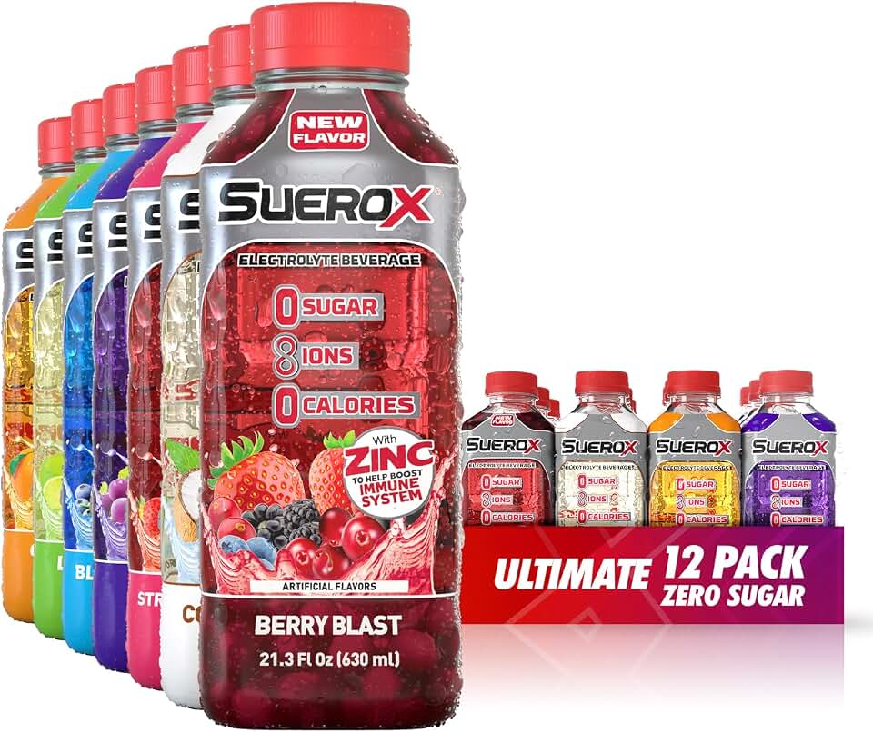 SueroX Sugar Free Electrolyte Drink, Ultimate Pack, 21.3 Fl Oz, 12 Count | Sports Drink with 8 Ions, Zero Sugar, Zero Calories, Hydration &amp; Recovery
