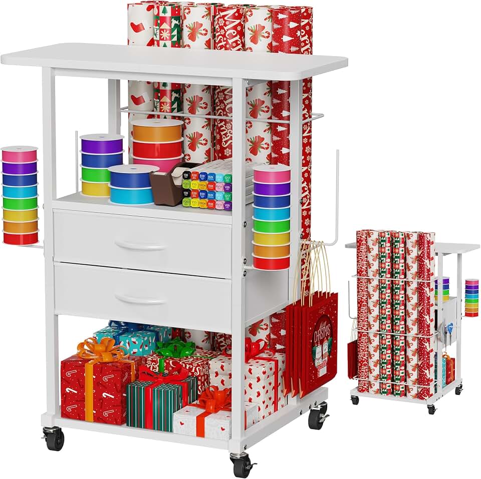 Wrapping Paper Storage Cart with 12 Rolls Wrapping Paper Organizer Holder, Rolling Craft Cart with 2 Fabric Drawer, Gift Wrapping Station with 4 Hooks Storage Ribbons and Gift Bags, Spave Saving