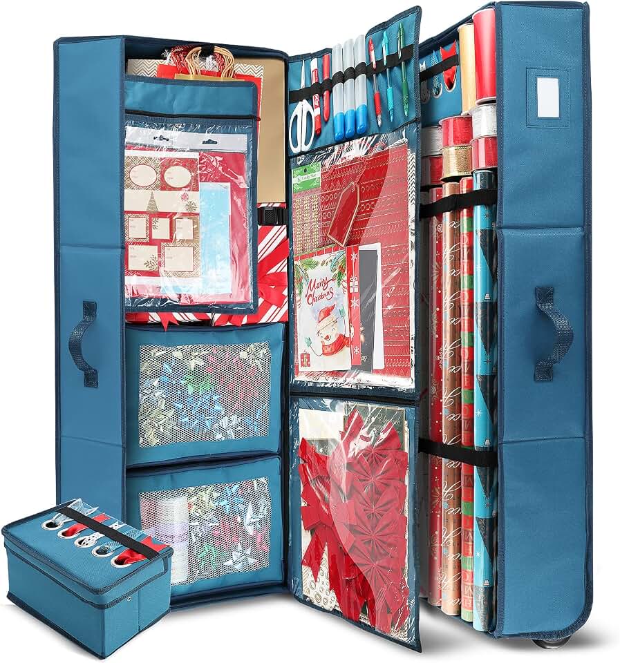 Hearth &amp; Harbor Wrapping Paper Storage Container with Ribbon Dispenser and Interior Pockets - Large Christmas Storage Containers with Wheels, Fits 30 Rolls of 40" Length, Blue