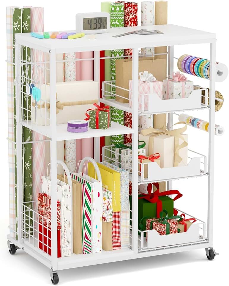 Wrapping Paper Organizer Storage with Wheels, Rolling Gift Wrap Cart with Ribbon and Gift Bag Storage, Craft Organization with 20 Roll Holders and 3 Drawers, White | Gift Wrap Organizer with Wheels, Rolling Craft Organization with 20 Roll Holders and 3 Drawers