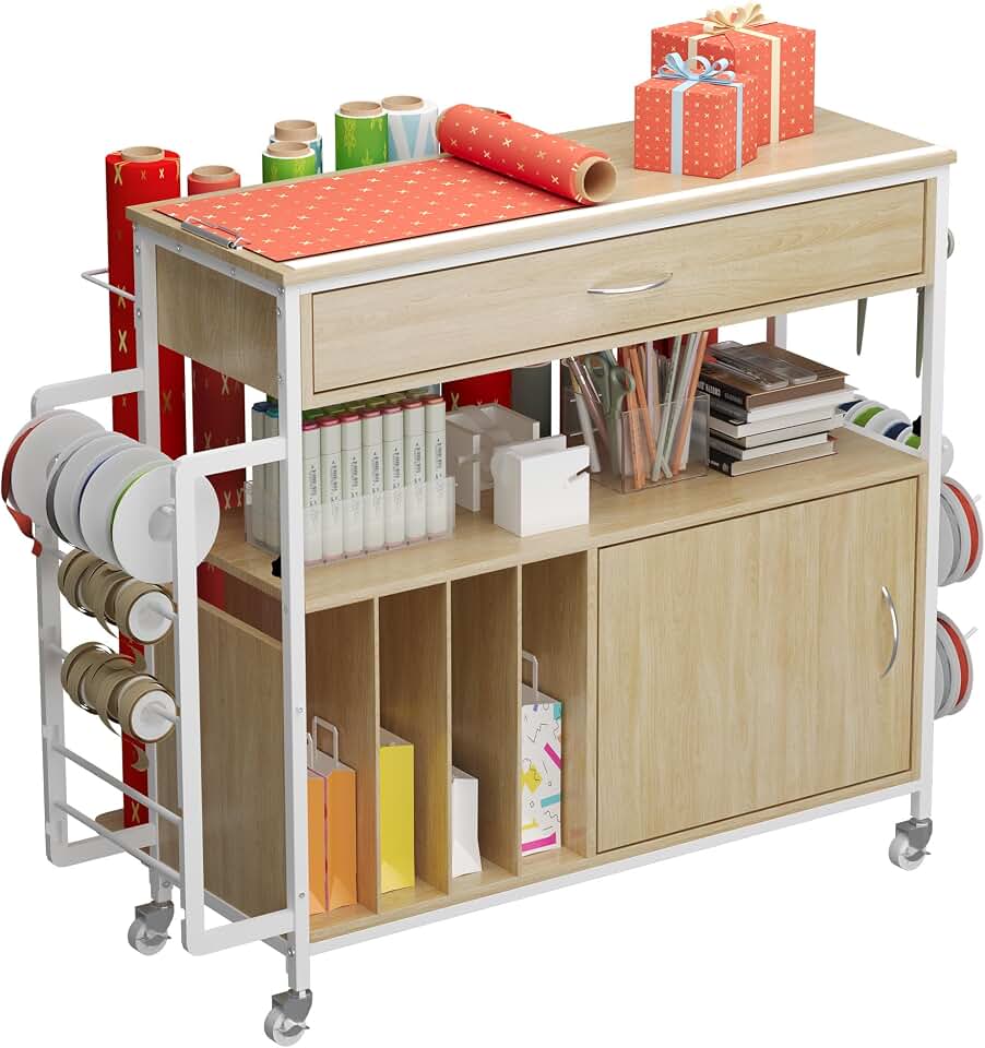 Height-Adjustable Gift Wrapping Station with Paper Clamp &amp; Adhesive Measuring Tape,Rolling Wrapping Paper Cart with Ribbon &amp; Gift Bag Storage, Craft Organizer Workstation (Oak)