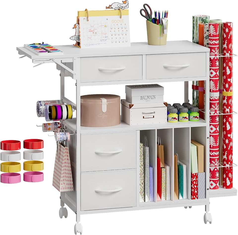 Wrapping Paper Storage Cart with Foldable Table, 3 Tier Gift Wrap Organizer | Rolling storage station with drawers, ribbon holders and space for 8 wrapping paper rolls and craft essentials.