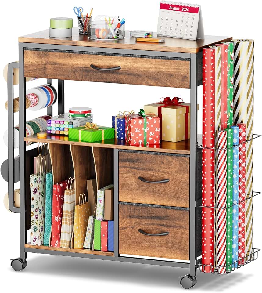 PUNLUXU Wrapping Paper Storage Cart for 12 Rolls with Ribbon Holder 04 | Mobile gift wrap station for 3–12 paper rolls with ribbon dispenser, gift bag storage, fabric drawers and lockable casters