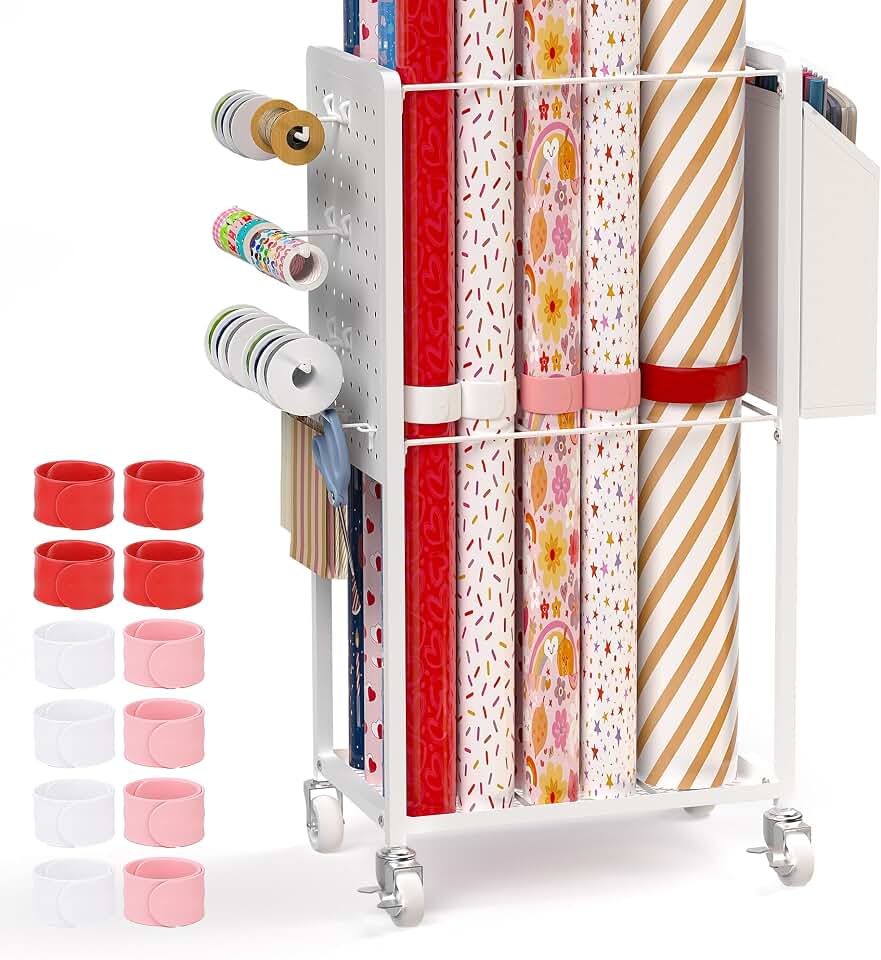 Wrapping Paper Storage Cart Station with 12PCS Slap Bands | Rolling Gift Wrap Storage Organizer, Vertical Wrapping Paper Cart, Ribbon Holder Rack, Craft Organizers and Storage Christmas