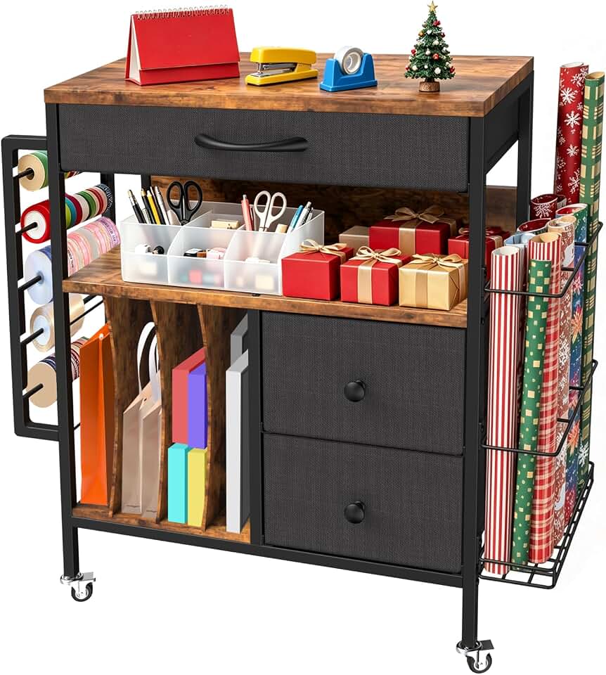 Wrapping Paper Storage Cart, Rolling Gift Wrap Station with 3 Drawers &amp; Side Holders, Wrapping Paper Organizer Holder with Wheels for Gift Bags, Ribbons, Wrapping Supplies