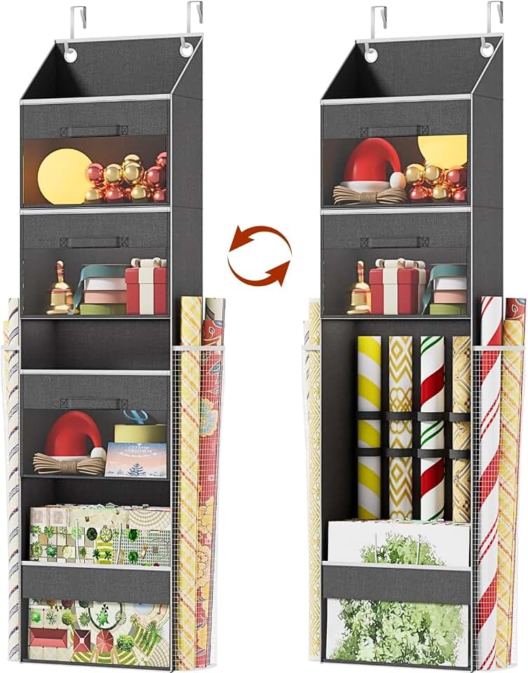 Over Door Wrapping Paper Organizer Storage with 3 Removable Drawers &amp; Side Pockets – Dual Use Design with Elastic Straps – Christmas Gift Wrap Storage for Ribbons, Bows, Ornament and Other Tools 1Pack