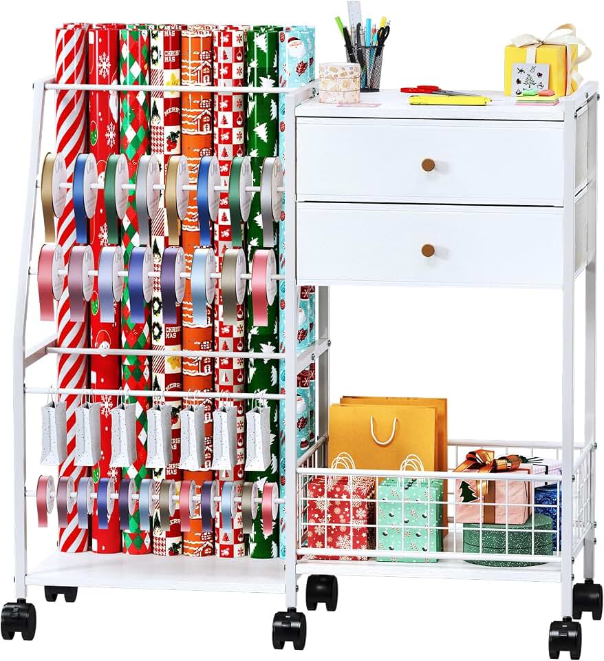 TC-HOMENY Wheeled Wrapping Paper Organizer Gift Wrap Ribbon Rack Blueprint