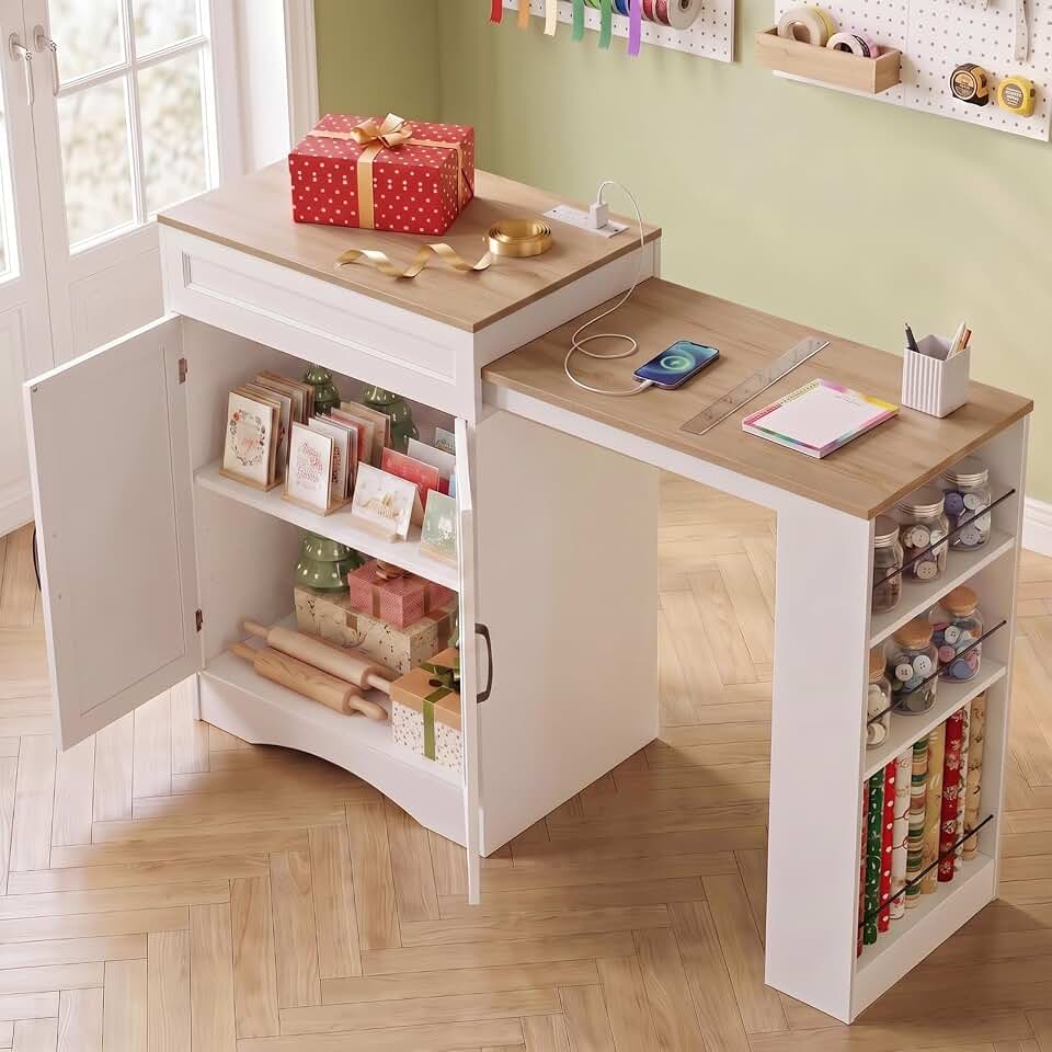 NEWOWNDS 29"-49.2" Extendable Craft Table with Storage, Craft Storage Cabinet with Tabletop, Gift Wrapping Station, Crafting Table with Power Outlets, Wrapping Paper Organizer for Ribbon &amp; Gift Bag