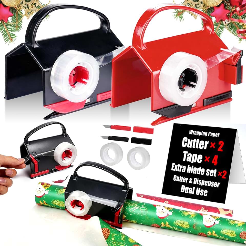 2-in-1 Wrapping Paper Cutter &amp; Tape Dispenser, with 4 Tapes &amp; 2 Blades | Sliding Gift Wrap Roll Cutter Tool with Replacement Parts, Safe &amp; Precise Cutting for Christmas, Birthday, Crafts &amp; Office,