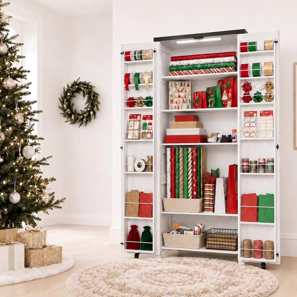 FIMELLO 71" H Gift Wrap Storage Cabinet, Craft Storage Cabinet,White Grain | Gift Wrapping Organizer Storage Cabinet with Adjustable Shelves, Yarn Storage Cabinet,Sewing Cabinet for Craft Room,LED Light
