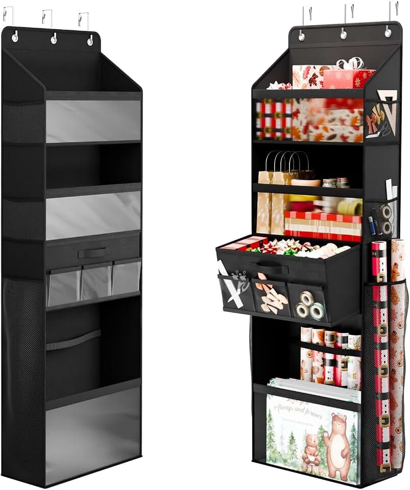 WERNNSAI Over Door Wrapping Paper Organizer Storage with Removable Drawer | Multi-Purpose Wrapping Paper Organizer Storage for Gift Bags, Paper, Ribbons, Bows, Ornament and Other Tools
