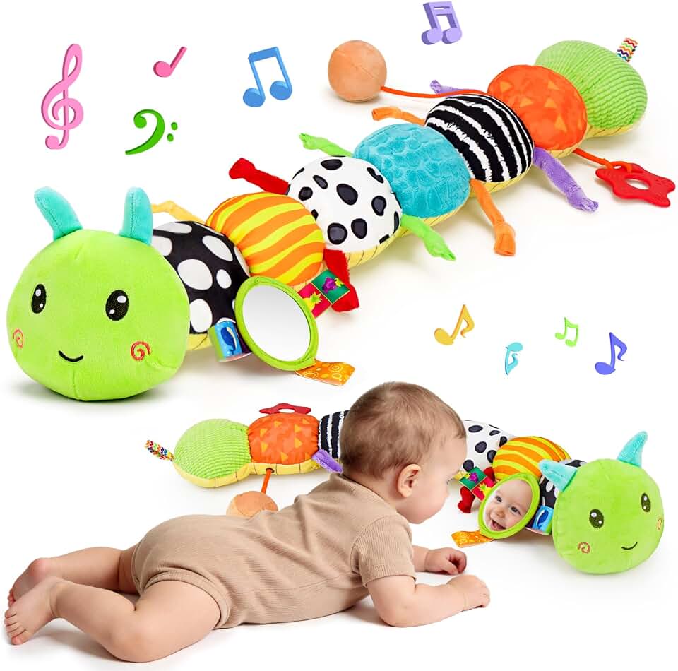 Topsochir Baby Sensory Toys 0-6 Months Music Animal Stuffed Plush Caterpillar Toy for Infant 0-3-6-12 Month Old Tummy Time with Mirror Crinkle Rattle Toys for Newborn Boys Girls Shower Birthday Presents