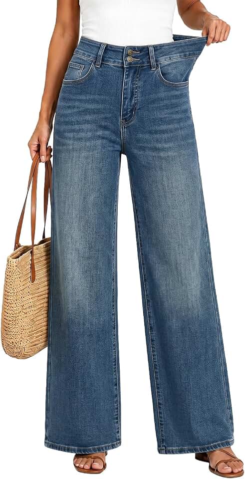 Women's High Waisted Wide Leg Jeans Stretchy Baggy Trousers Trendy Fit
