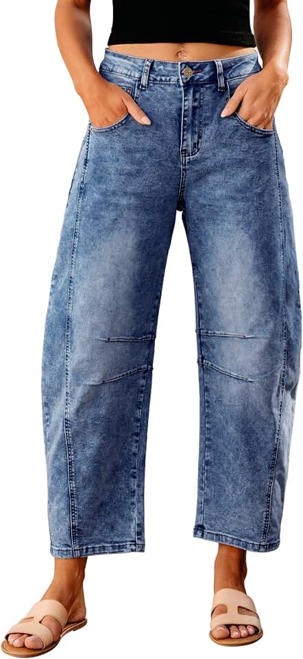 GRAPENT Barrel Jeans for Women High Rise Baggy Cropped Stretch Denim Pants Global Recycled Standard